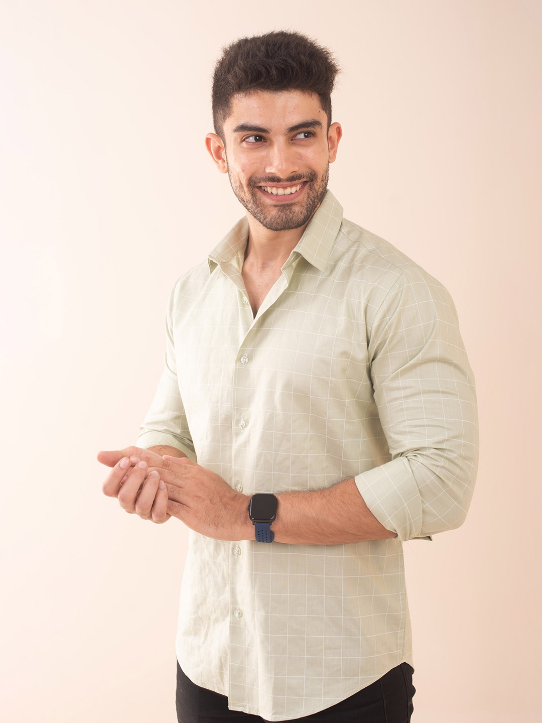 

The Bleu Label Classic Slim Fit Checked Spread Collar Cotton Casual Shirt, Cream