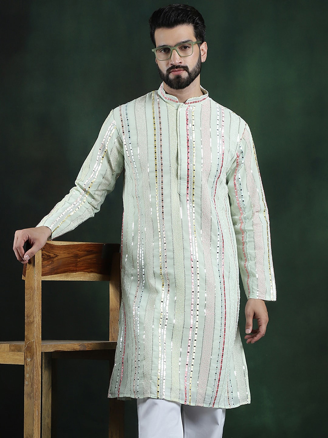 

SOJANYA LUXE Striped Thread Work Georgette Straight Kurta, Lime green