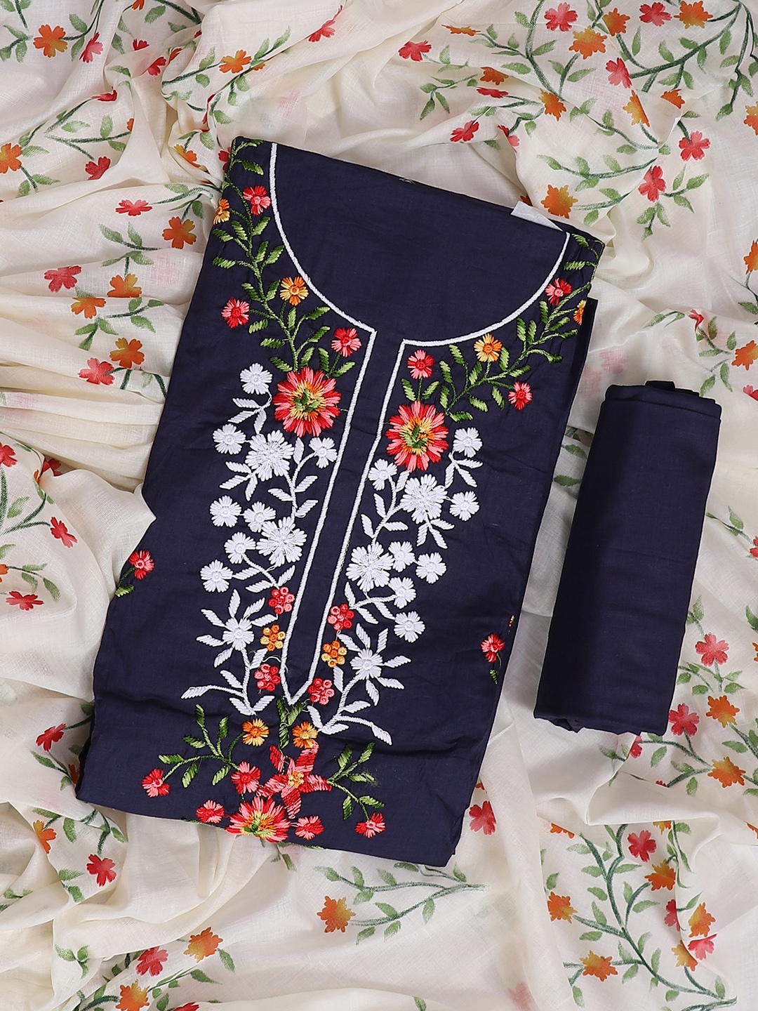 

SALWAR STUDIO Embroidered Pure Cotton Unstitched Dress Material, Blue
