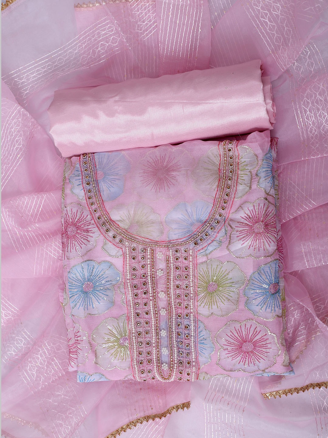 

SALWAR STUDIO Embroidered Organza Unstitched Dress Material, Pink