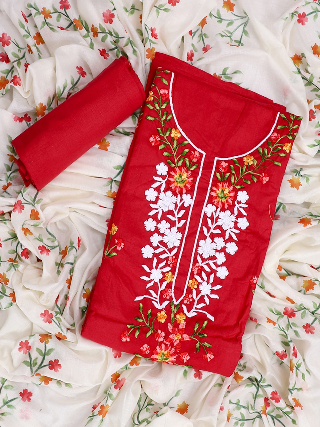 

SALWAR STUDIO Embroidered Pure Cotton Unstitched Dress Material, Red