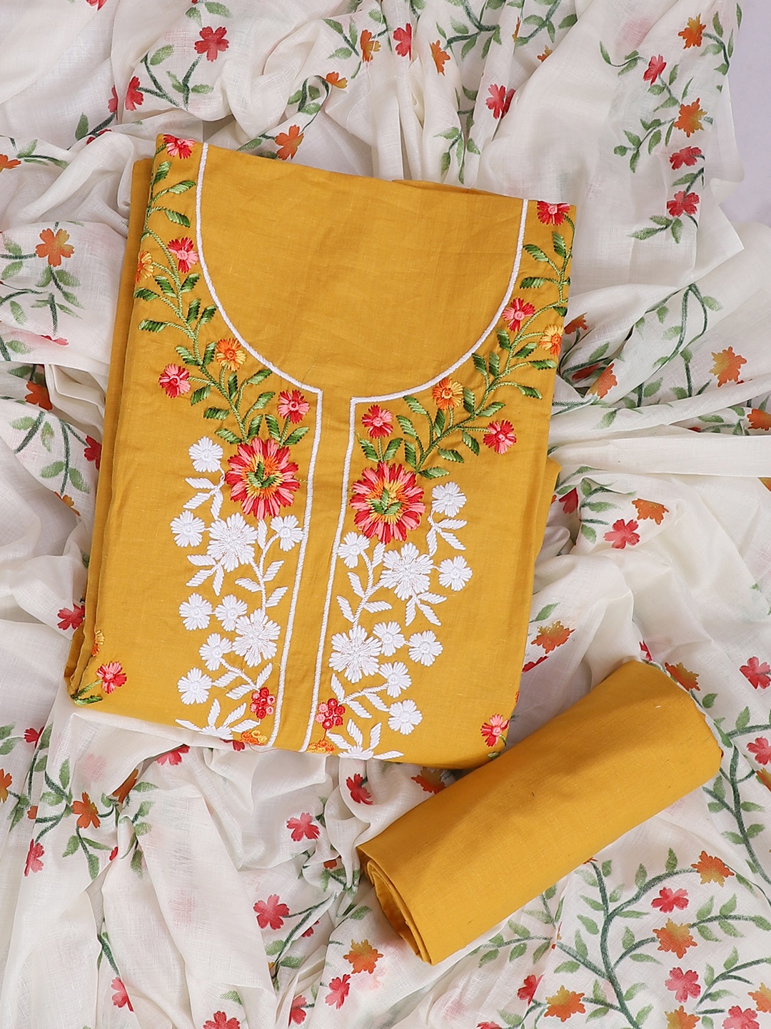 

SALWAR STUDIO Embroidered Pure Cotton Unstitched Dress Material, Mustard