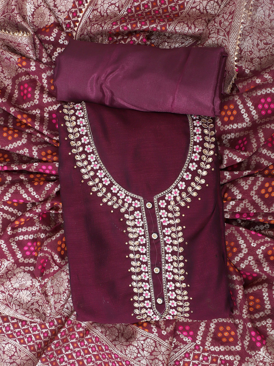 

SALWAR STUDIO Beads And Stones Unstitched Dress Material, Burgundy