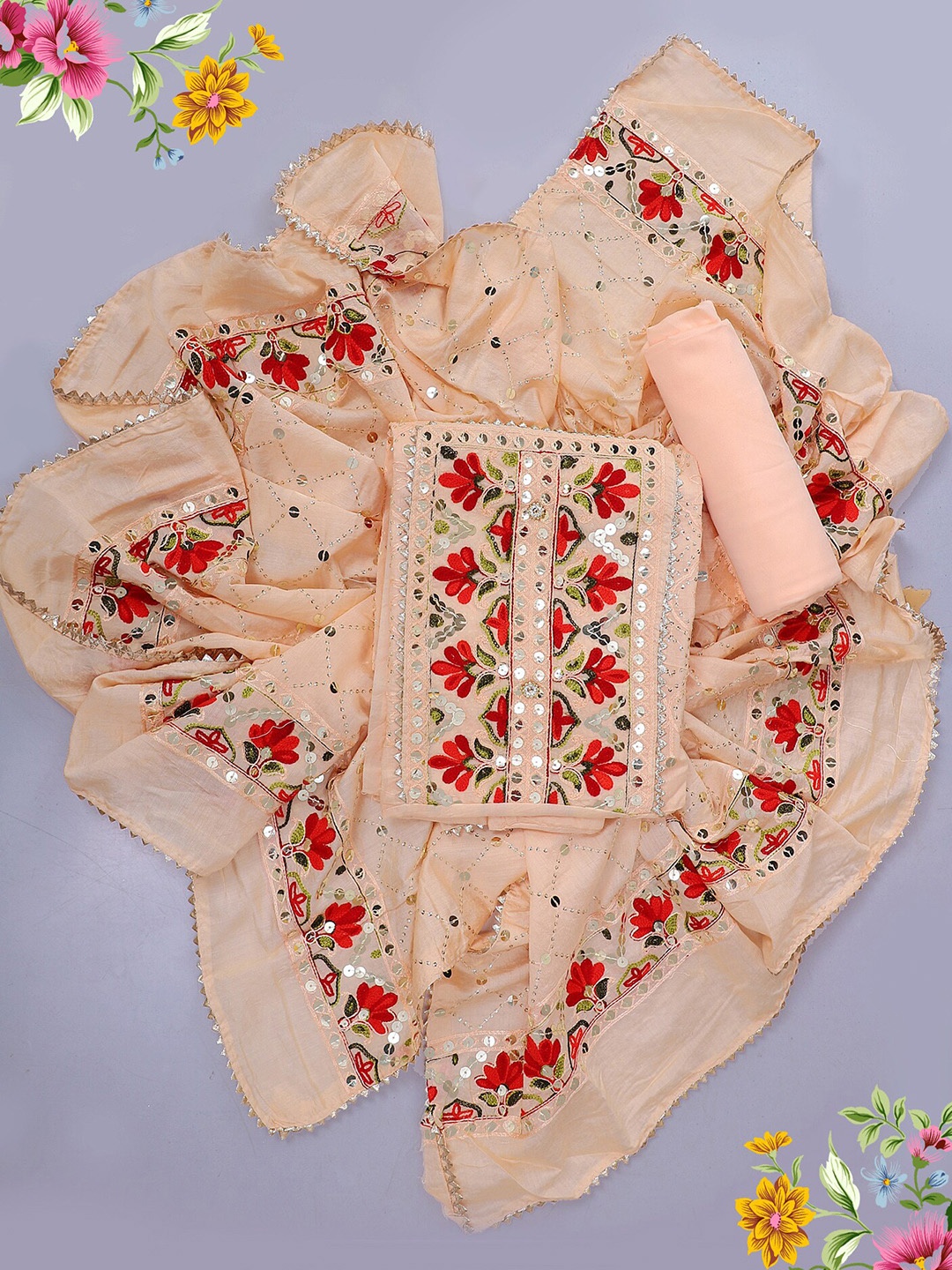 

SALWAR STUDIO Floral Embroidered Sequinned Unstitched Dress Material, Peach