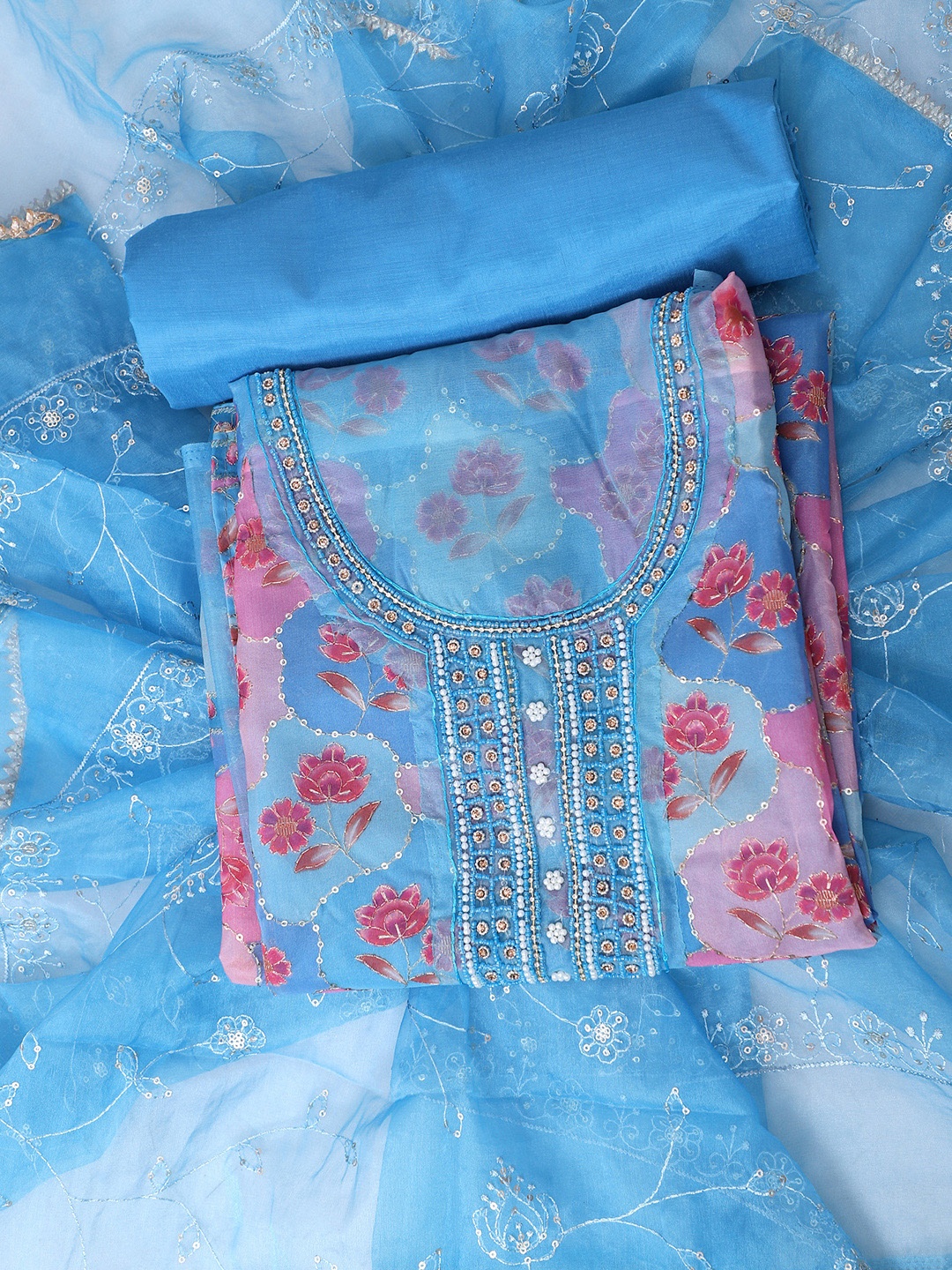 

SALWAR STUDIO Embellished Organza Unstitched Dress Material, Blue