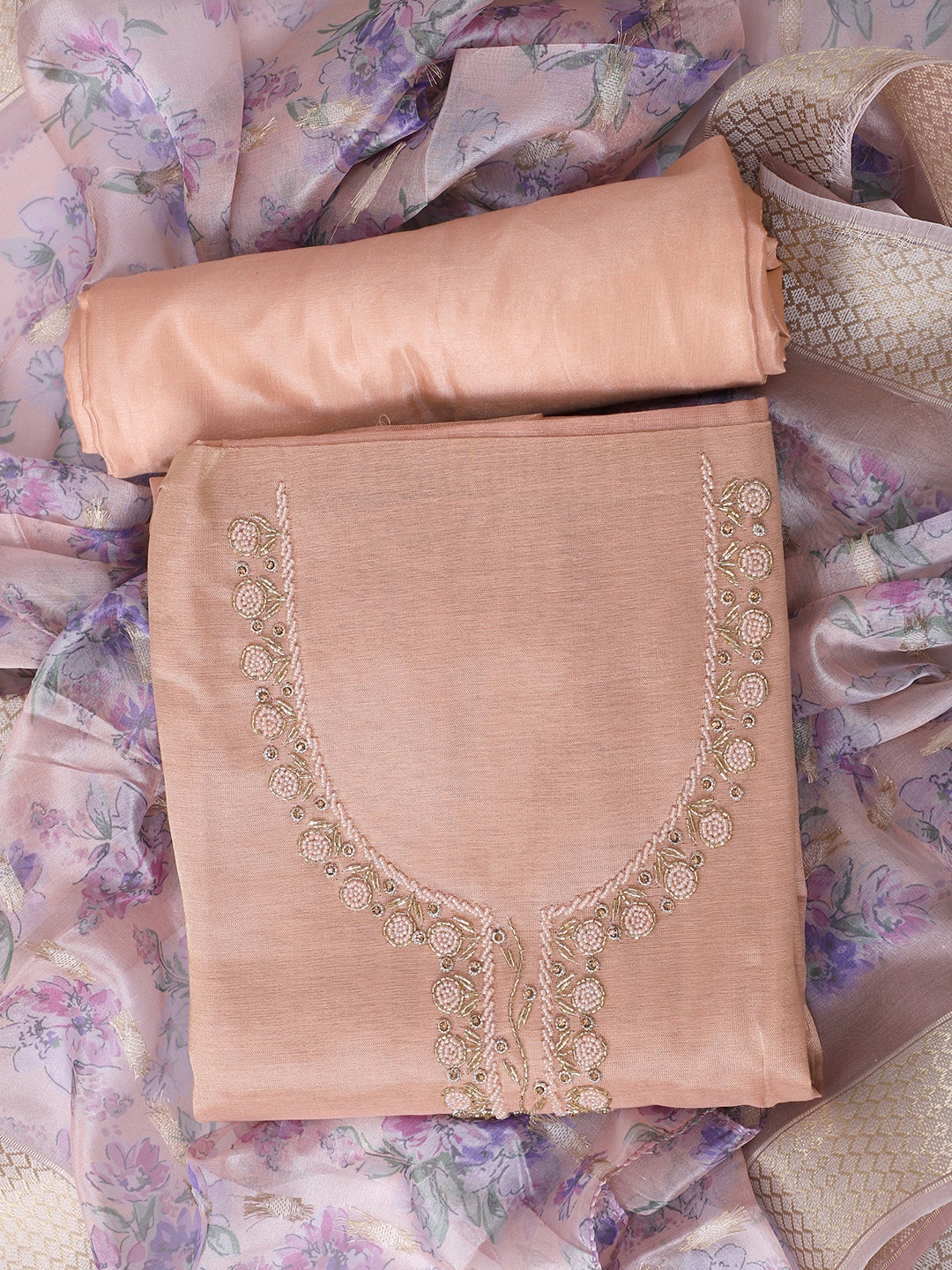 

SALWAR STUDIO Floral Embroidered Chanderi Silk Unstitched Dress Material, Peach