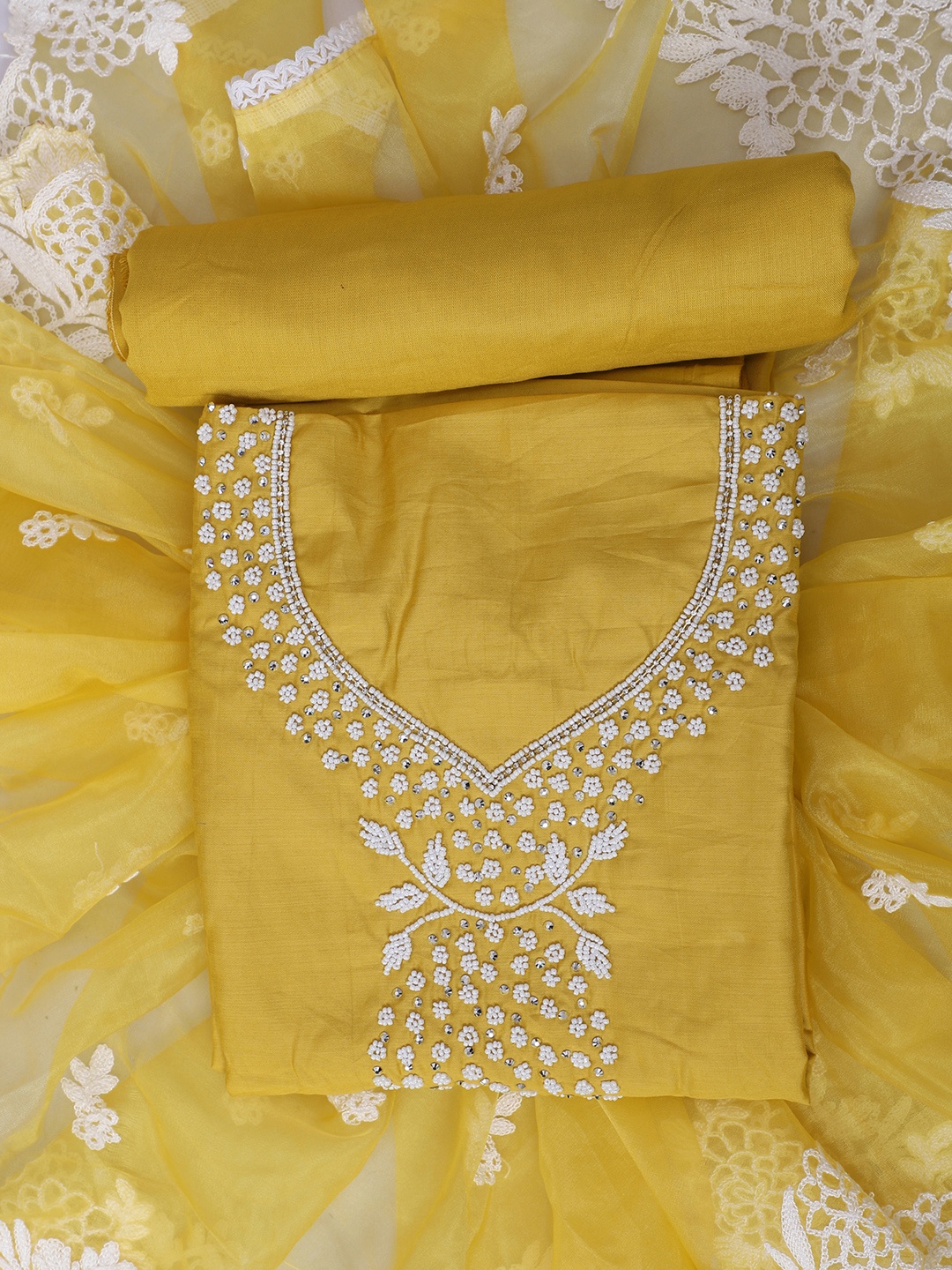 

SALWAR STUDIO Floral Embroidered Beads And Stones Unstitched Dress Material, Mustard