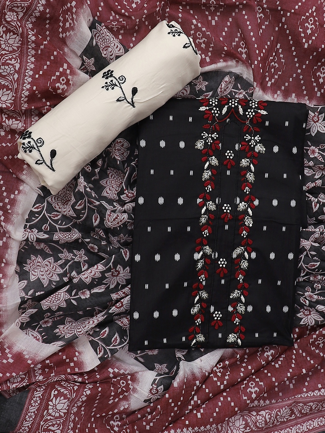 

SALWAR STUDIO Embroidered Pure Cotton Unstitched Dress Material, Black