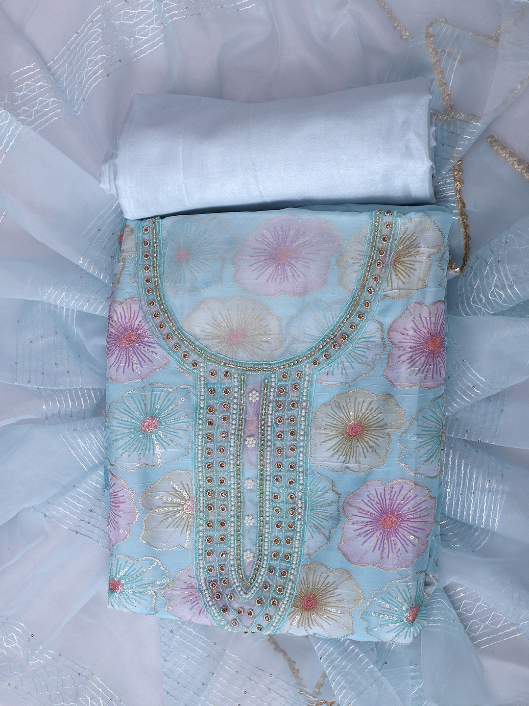 

SALWAR STUDIO Embroidered Organza Unstitched Dress Material, Blue