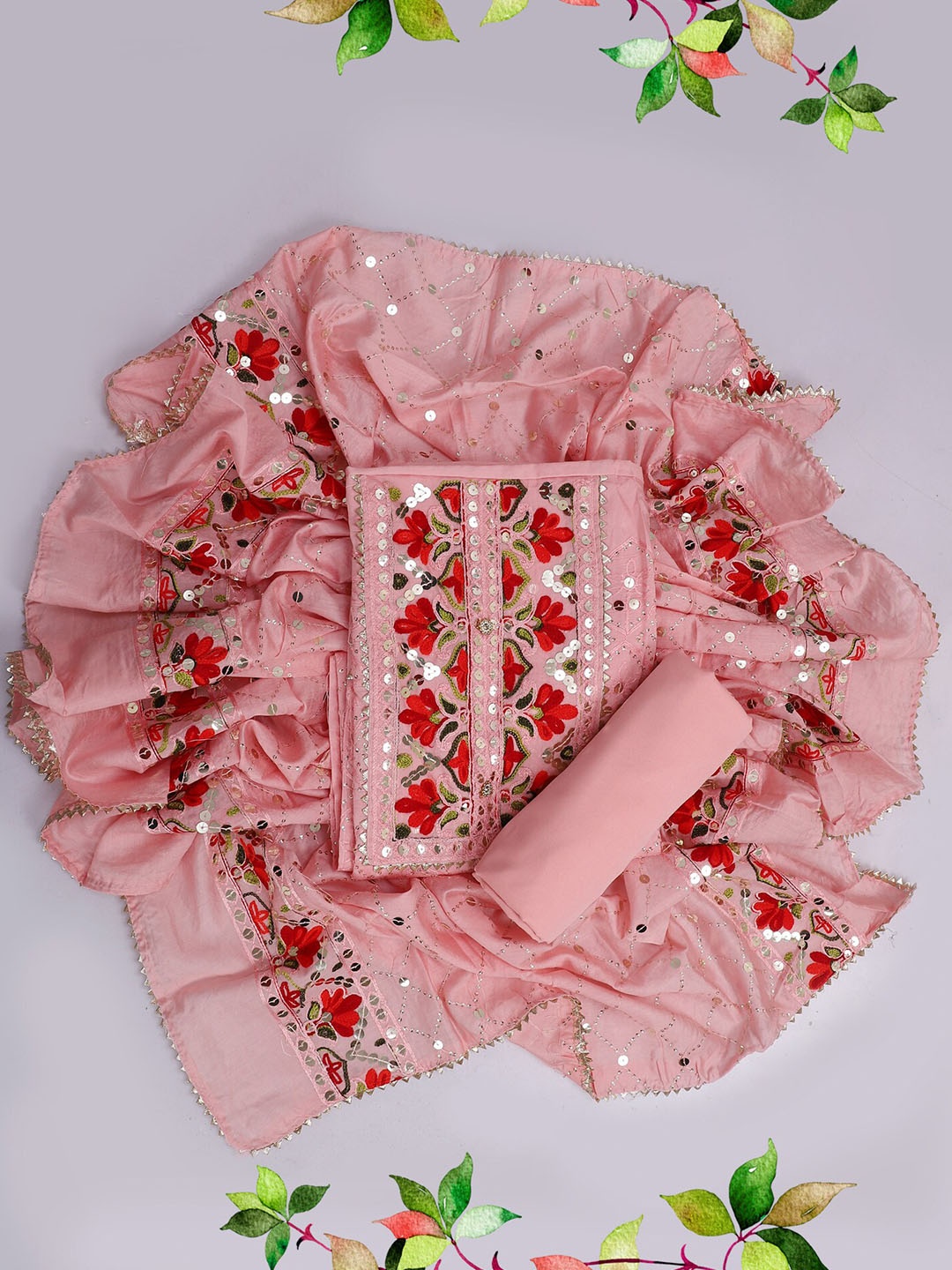 

SALWAR STUDIO Embroidered Unstitched Dress Material, Pink