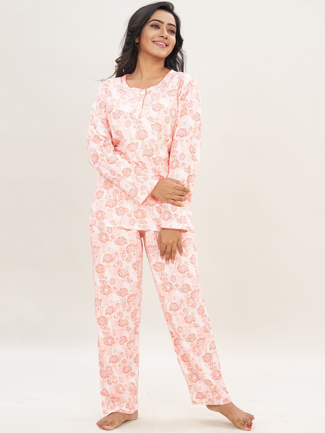 

Elzoh Floral Printed Pure Cotton Top With Pyjamas, Pink