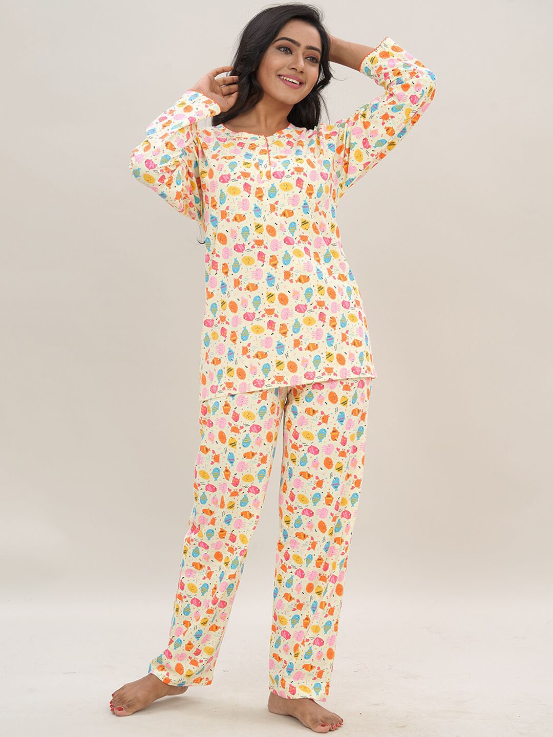 

Elzoh Printed Pure Cotton Top With Pyjamas, Yellow