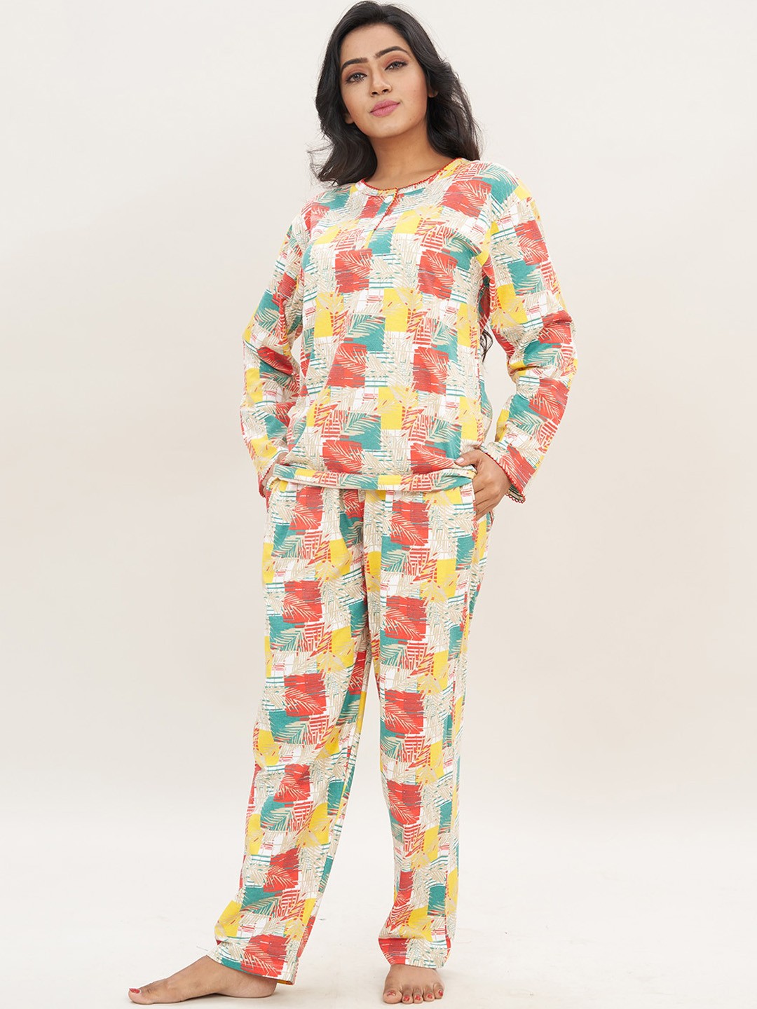 

Elzoh Printed Pure Cotton Top With Pyjamas, Yellow