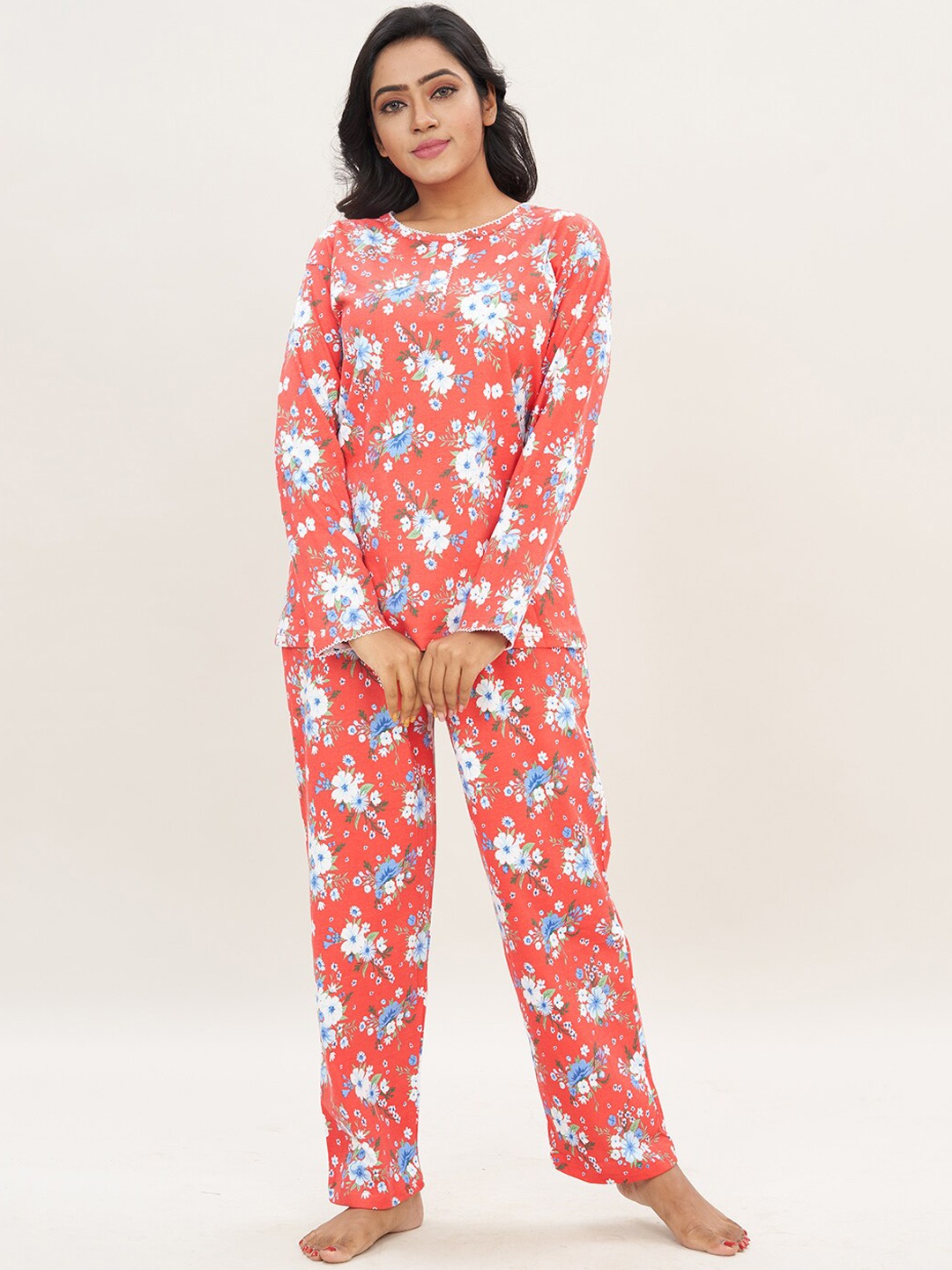 

Elzoh Floral Printed Pure Cotton Top With Pyjamas, Red