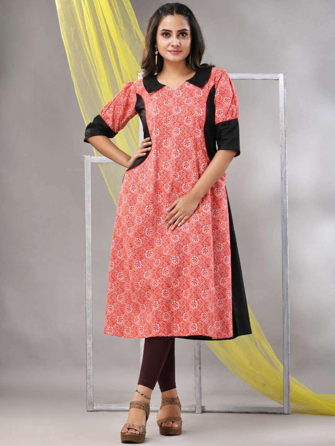 

Charukriti Ethnic Motifs Printed V-Neck A-Line Kurta, Orange