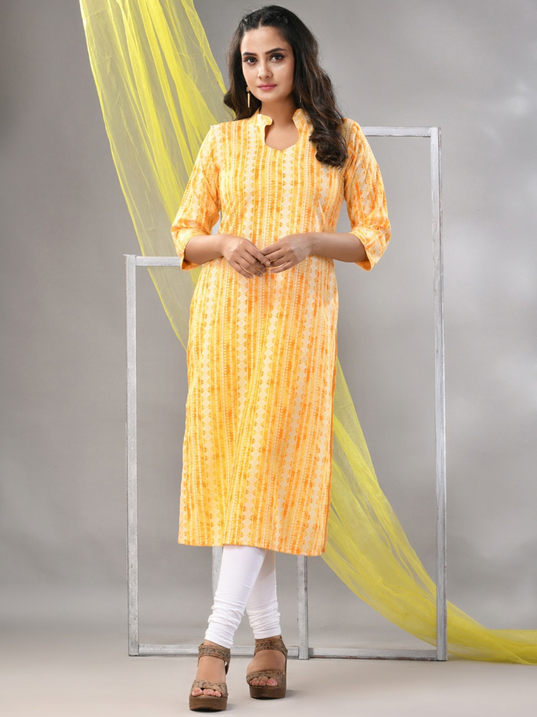 

Charukriti Striped Plus Size Mandarin Collar A-Line Kurta, Yellow