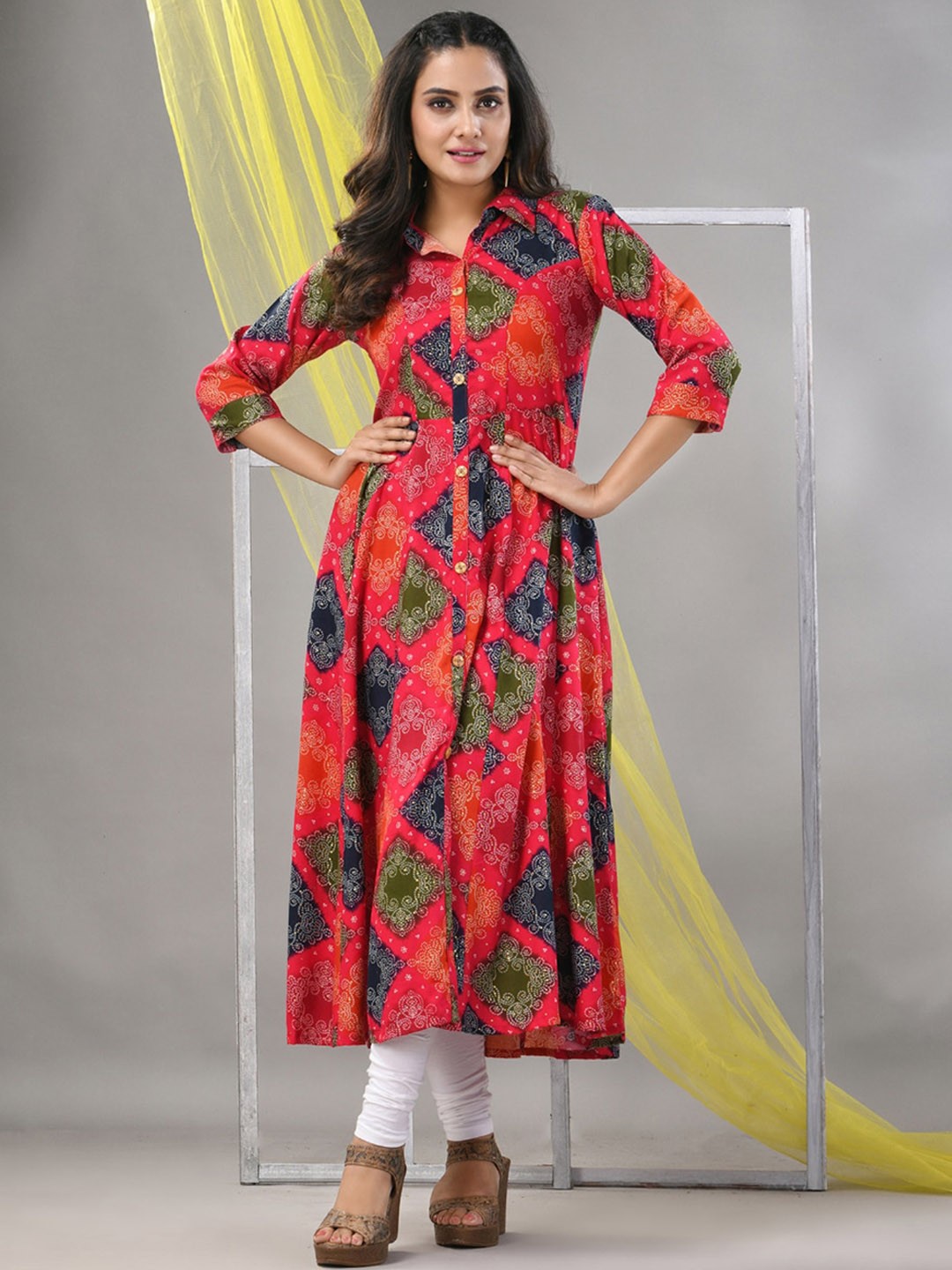

Charukriti Bandhani Printed Shirt Collar A-Line Kurta, Fuchsia