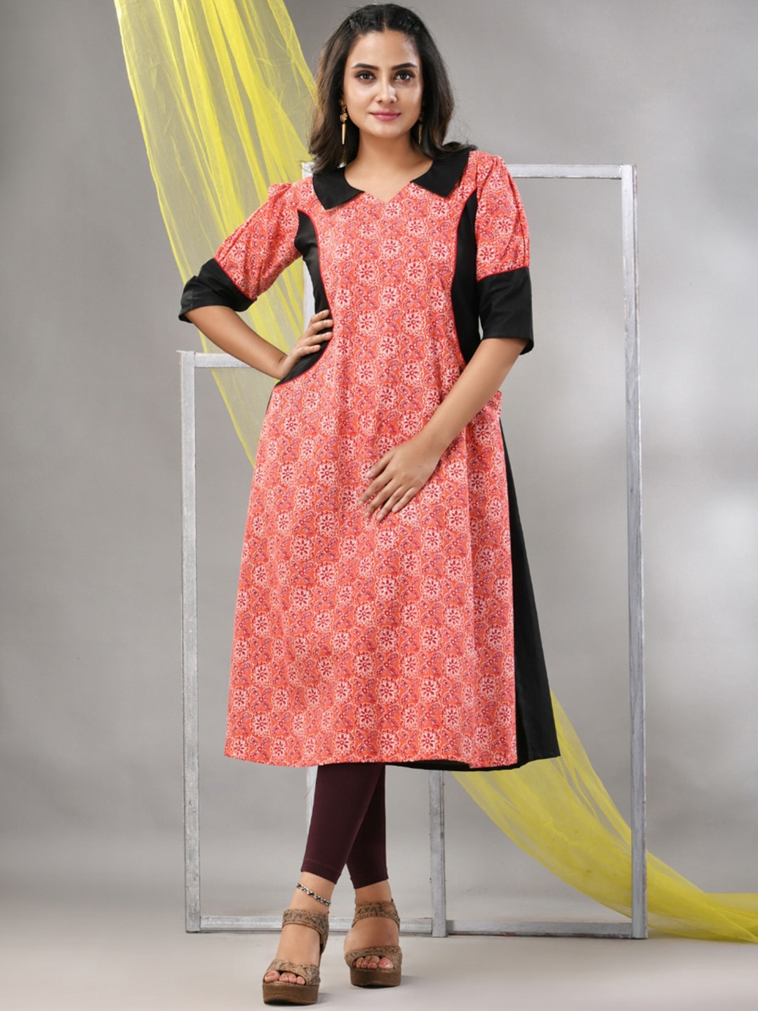 

Charukriti Plus Size Floral Printed Cotton A-line Kurta, Orange