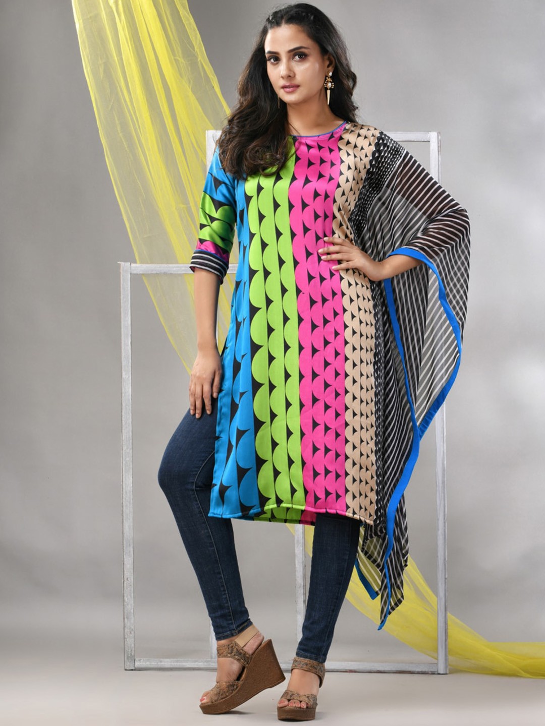 

Charukriti Women Geometric Printed Boat Neck Thread Work Satin A-Line Kurta, Blue