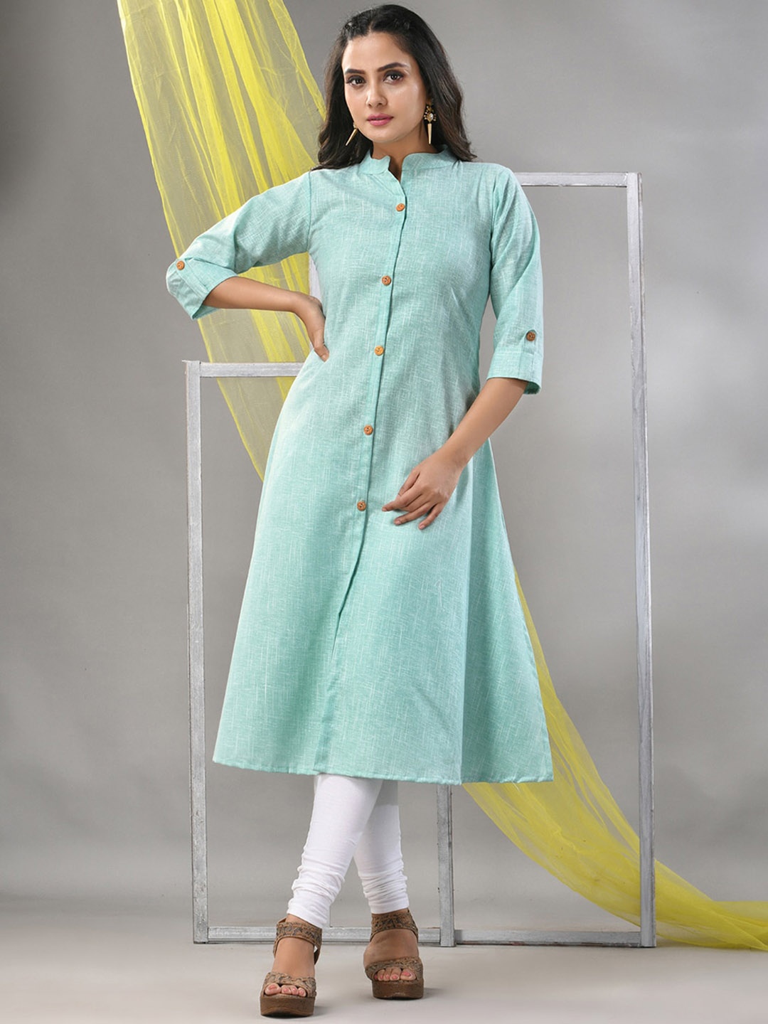 

Charukriti Mandarin Collar Cotton A-line Kurta, Green