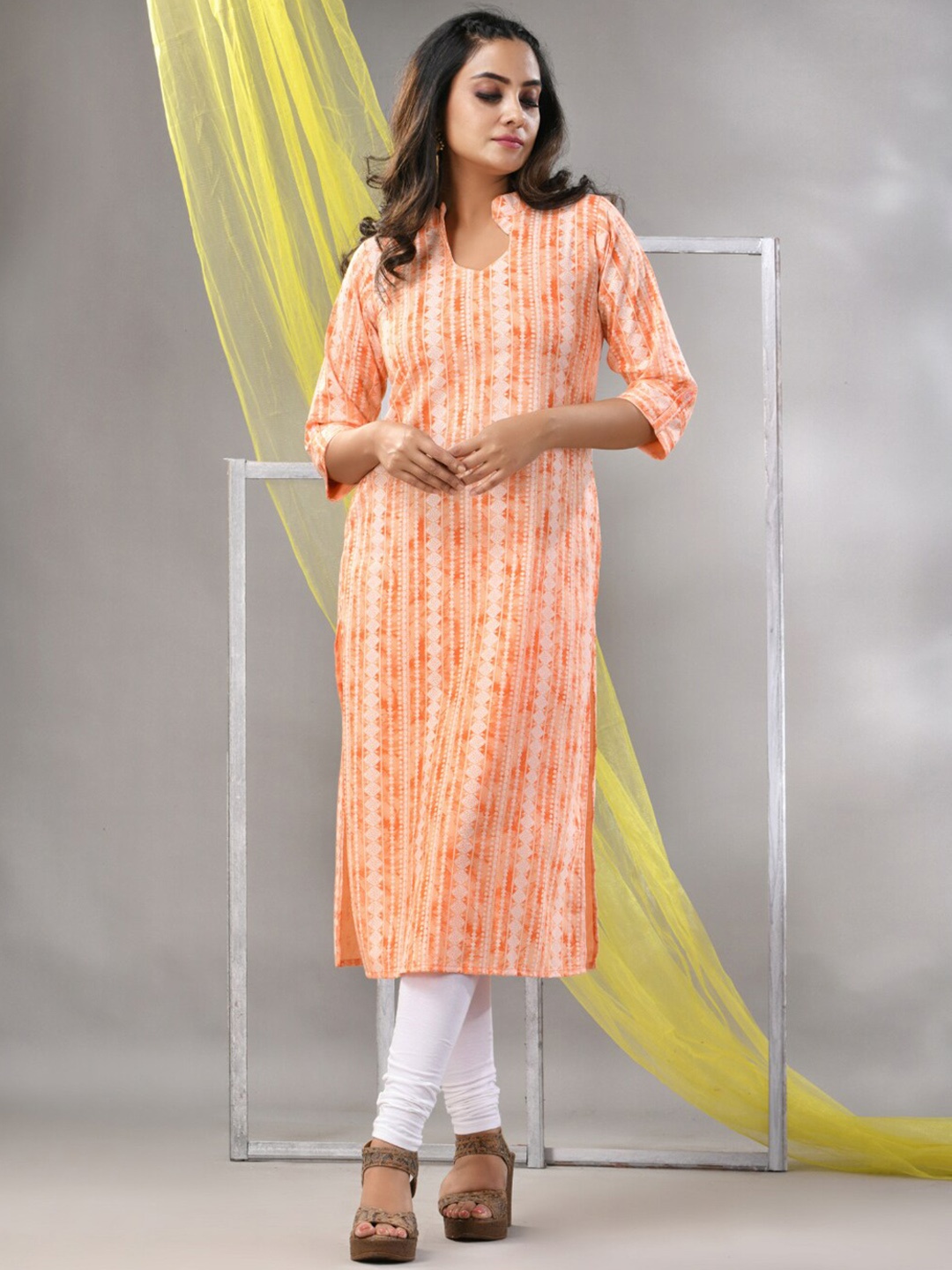 

Charukriti Striped Beads And Stones A-Line Kurta, Orange