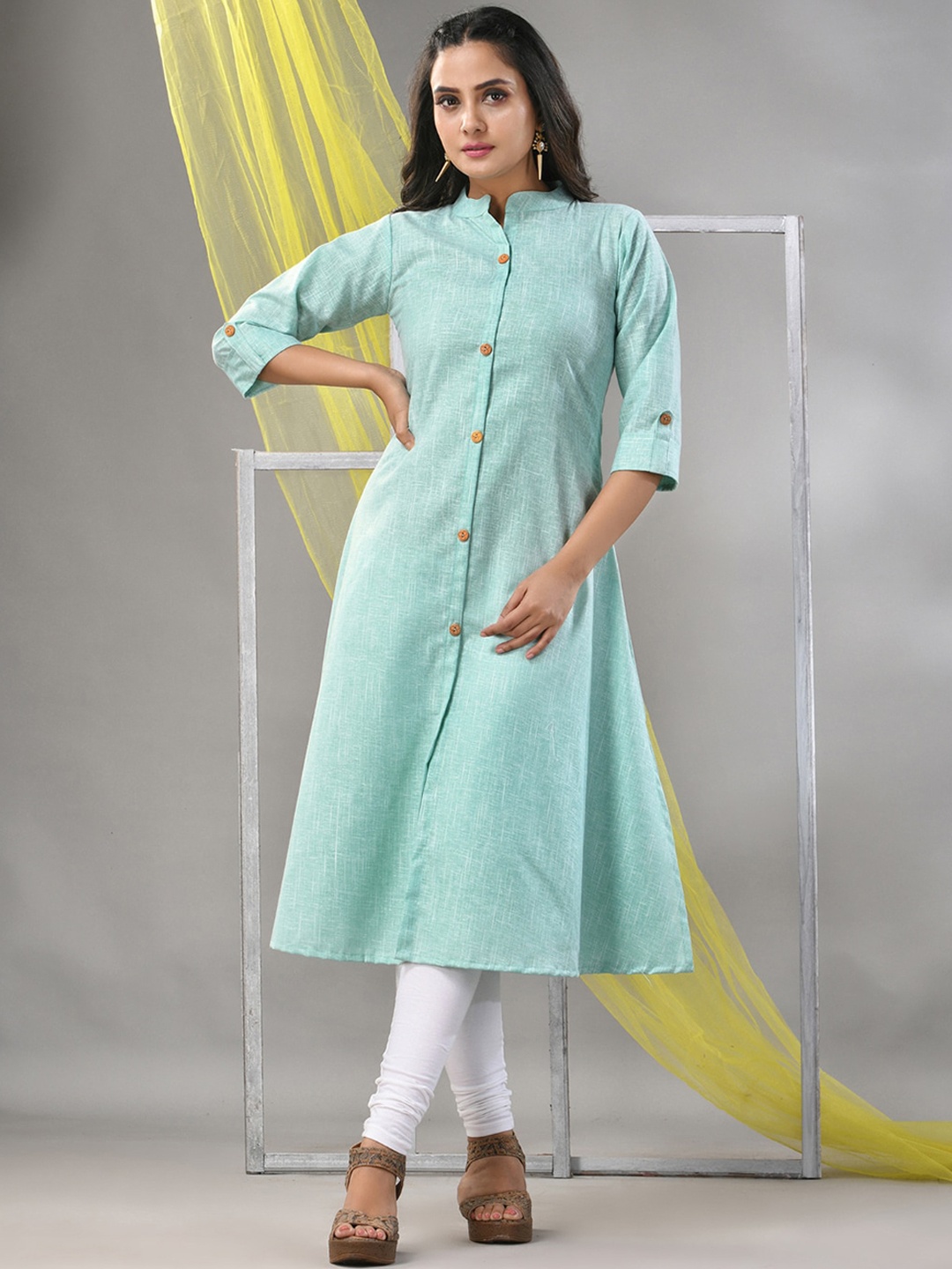 

Charukriti Plus Size Mandarin Collar Cotton A-line Kurta, Green
