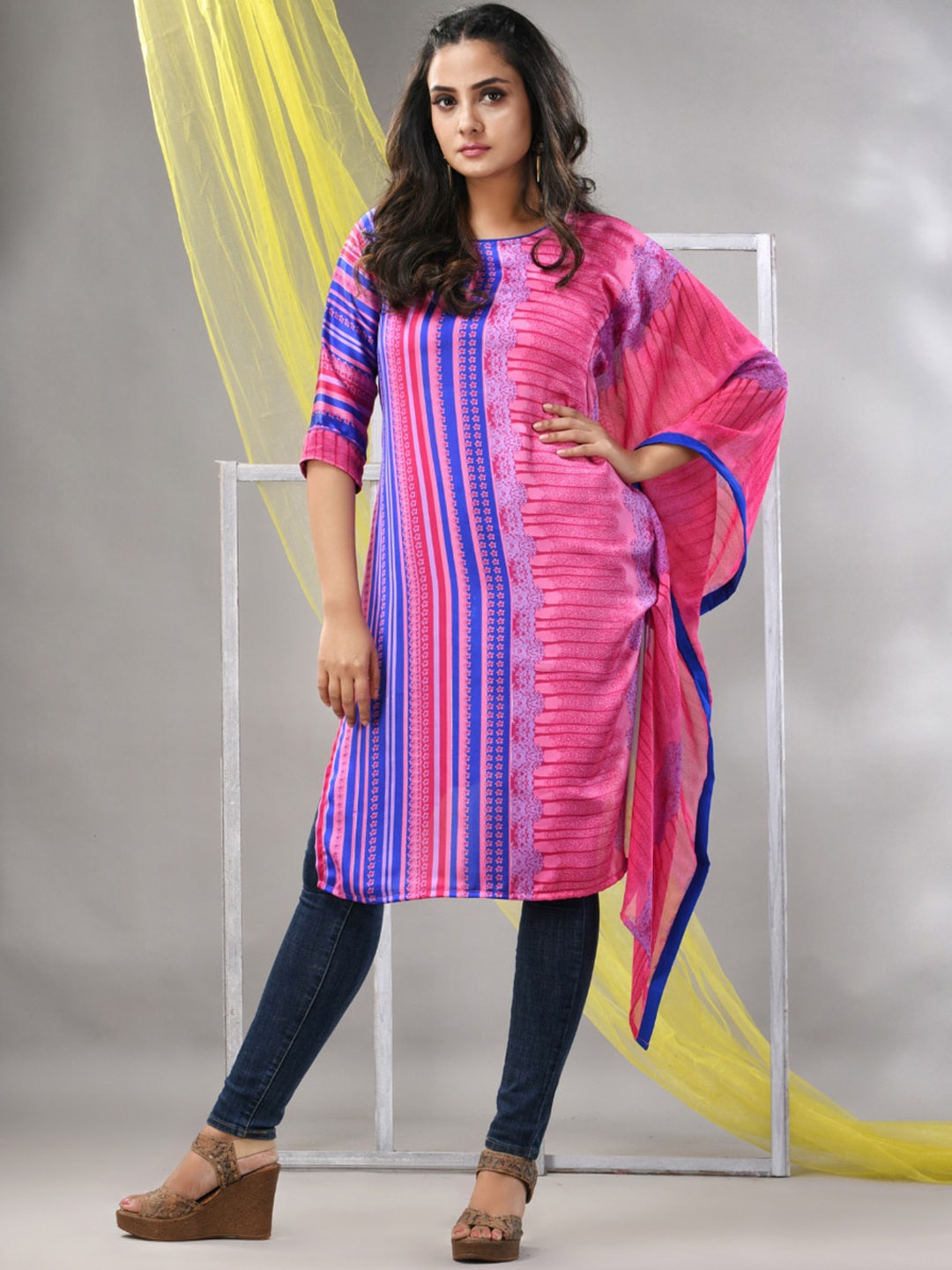 

Charukriti Striped Satin Panelled A-Line Kurta, Pink