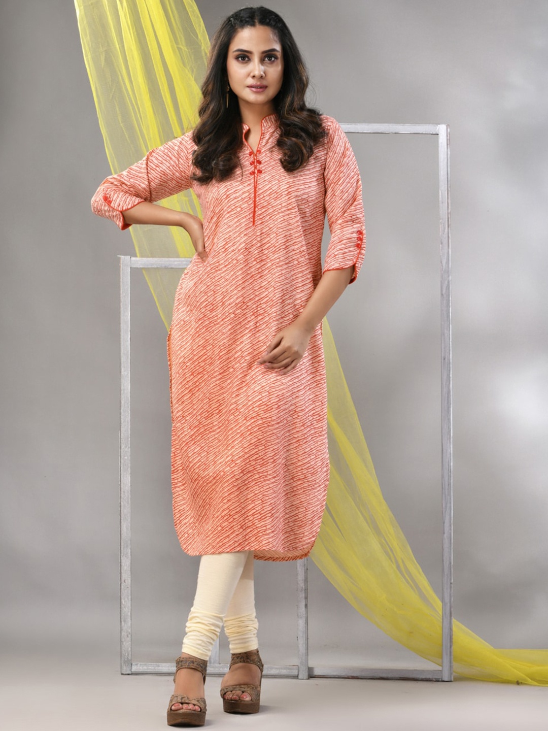 

Charukriti Striped Printed Mandarin Collar Straight Kurta, Orange