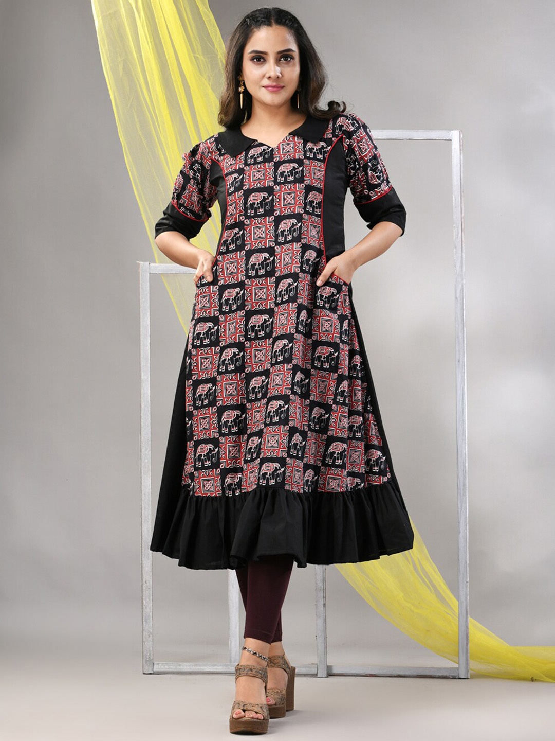 Charukriti Floral Printed Thread Work Cotton Empire A-Line Kurta, Black