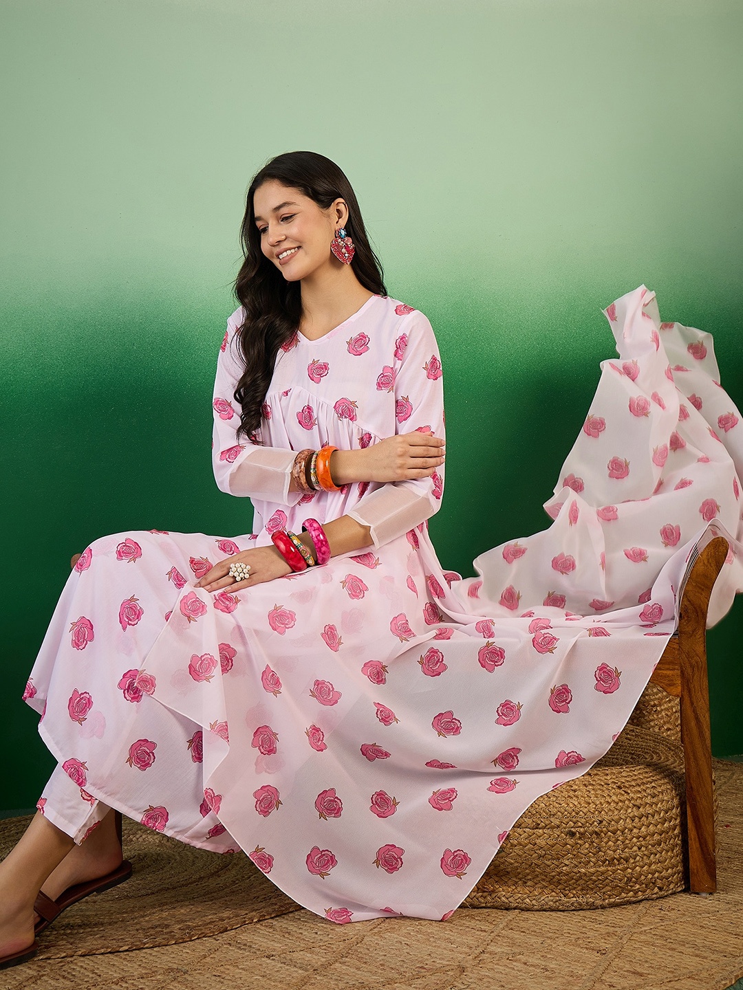 

Sangria Floral Printed Anarkali Kurta With Trousers & Dupatta, Pink