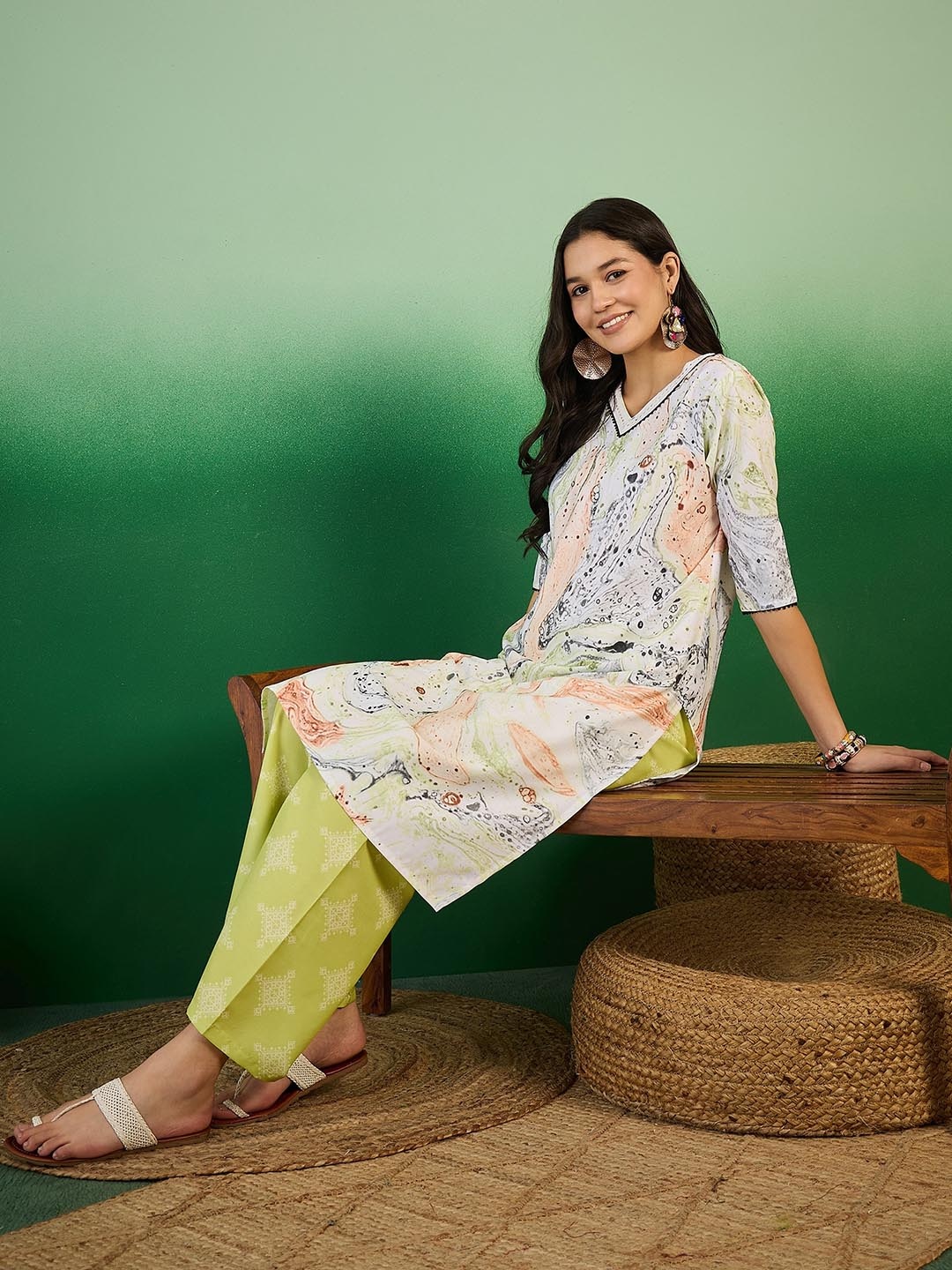 

Sangria Abstract Printed V-Neck Straight Kurta With Trousers, White