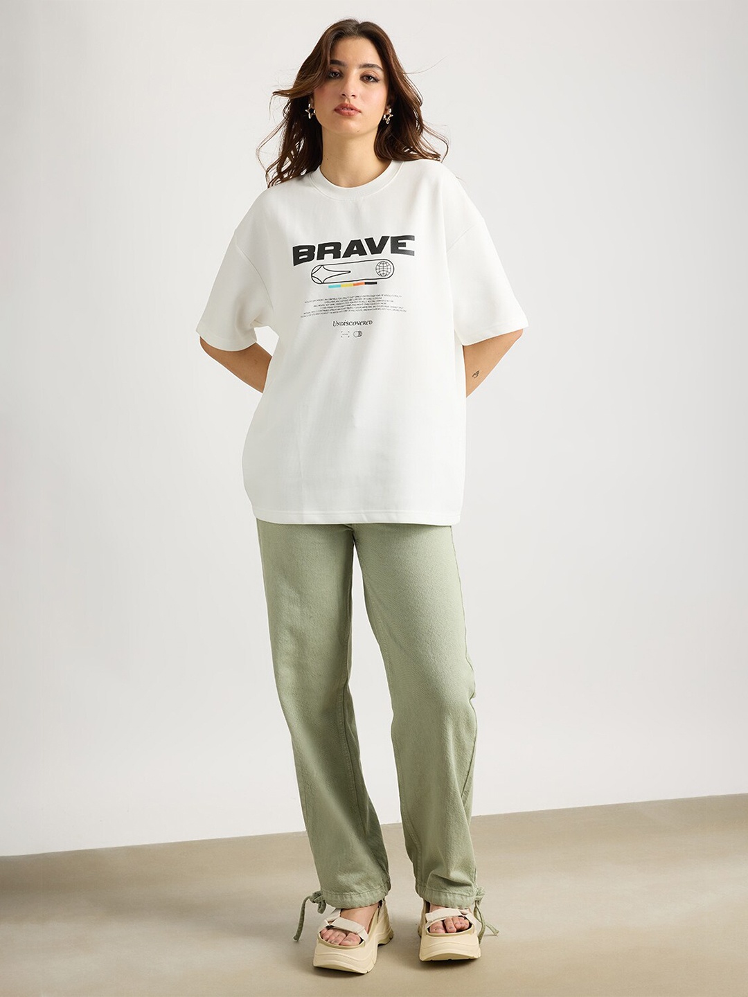 FREAKINS Typography Printed Drop-Shoulder Sleeves Pure Cotton Casual T-shirt, White