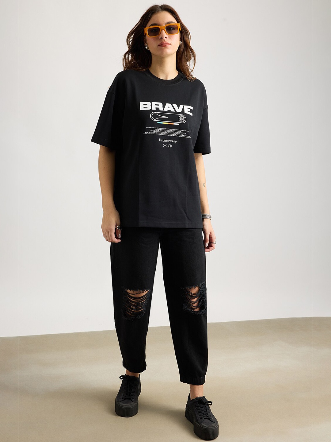 

FREAKINS Women Typography Printed Applique T-shirt, Black