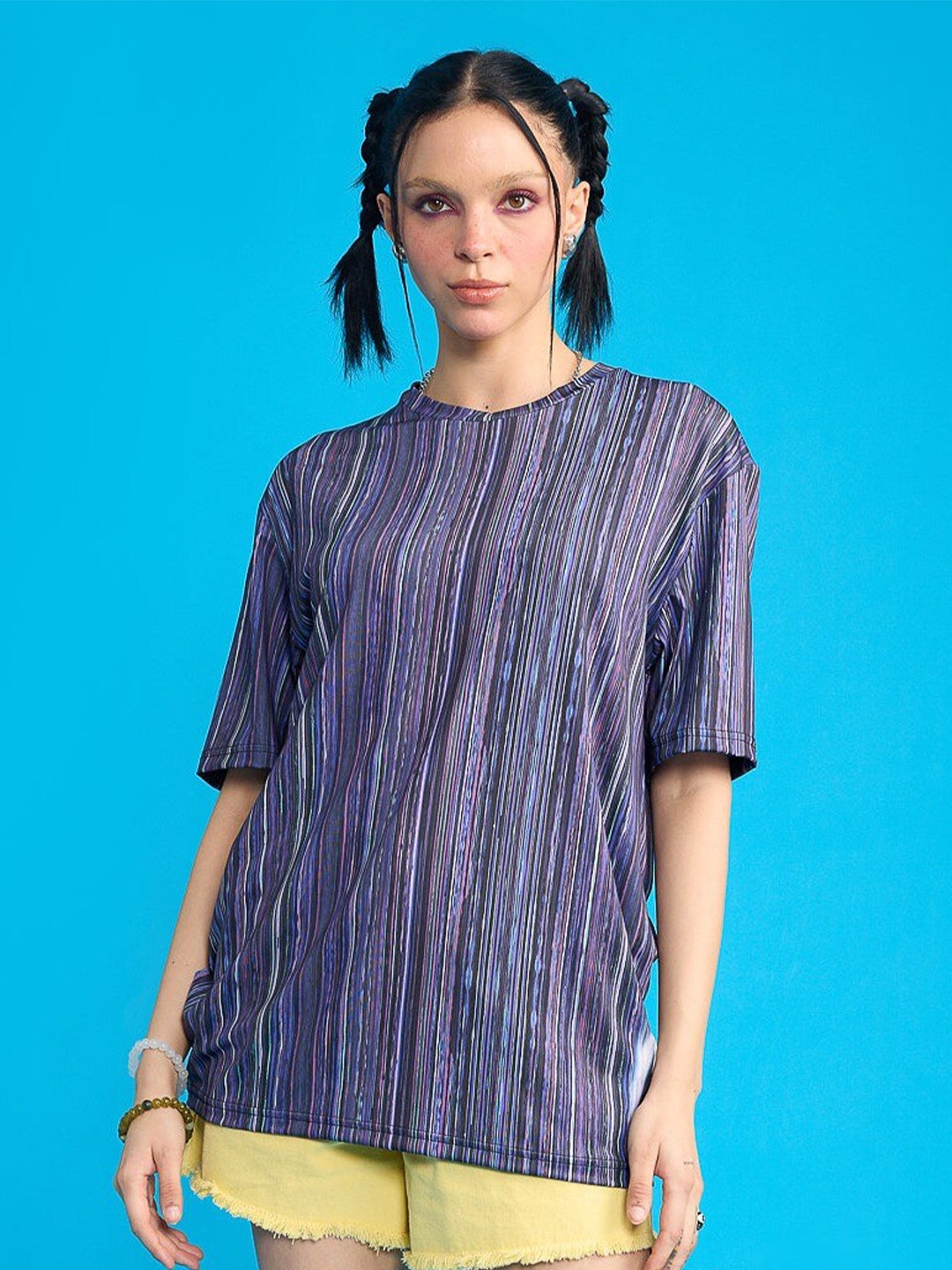 

FREAKINS Striped Round Neck Drop-Shoulder Sleeves Casual T-shirt, Navy blue