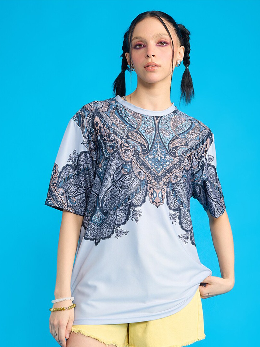 

FREAKINS Tribal Printed Drop-Shoulder Sleeves Casual T-shirt, Blue