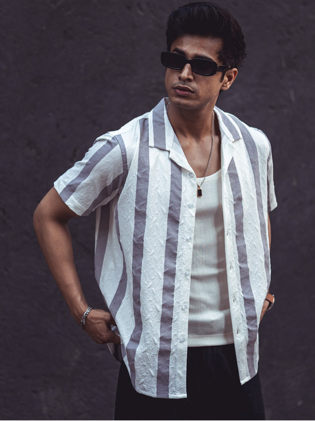 

Powerlook Striped Cuban Collar Shirt, White