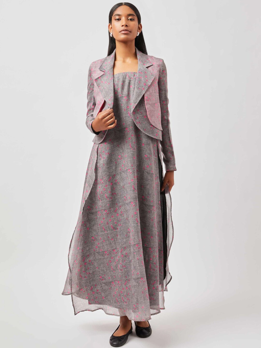 

Contemponari Printed Long Dress With Jacket, Grey