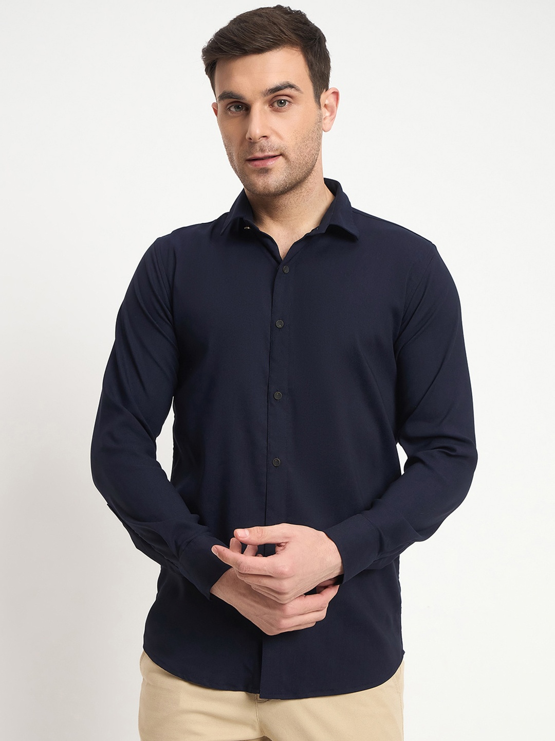 

FILO HEVIS Men Classic Spread Collar Soft Casual Stretchable Shirt, Navy blue