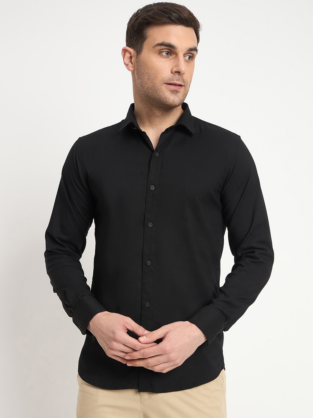 

FILO HEVIS Men Classic Spread Collar Soft Casual Stretchable Shirt, Black