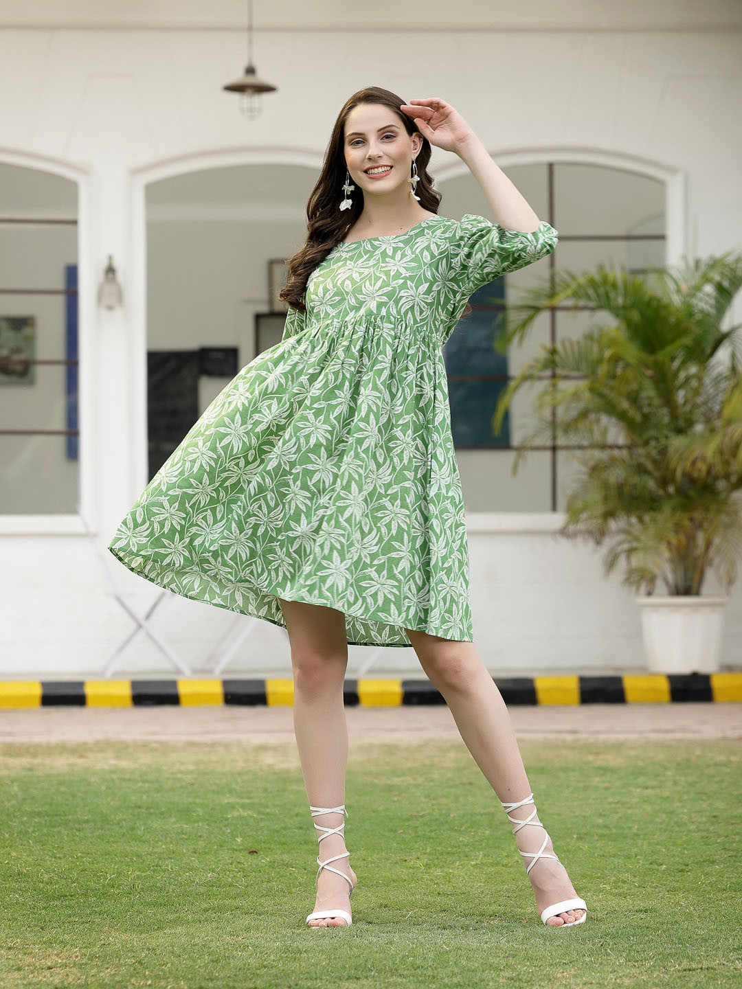 

Stylum Floral Print Three-Quarter Sleeves Round Neck Cotton A-Line Dress, Green