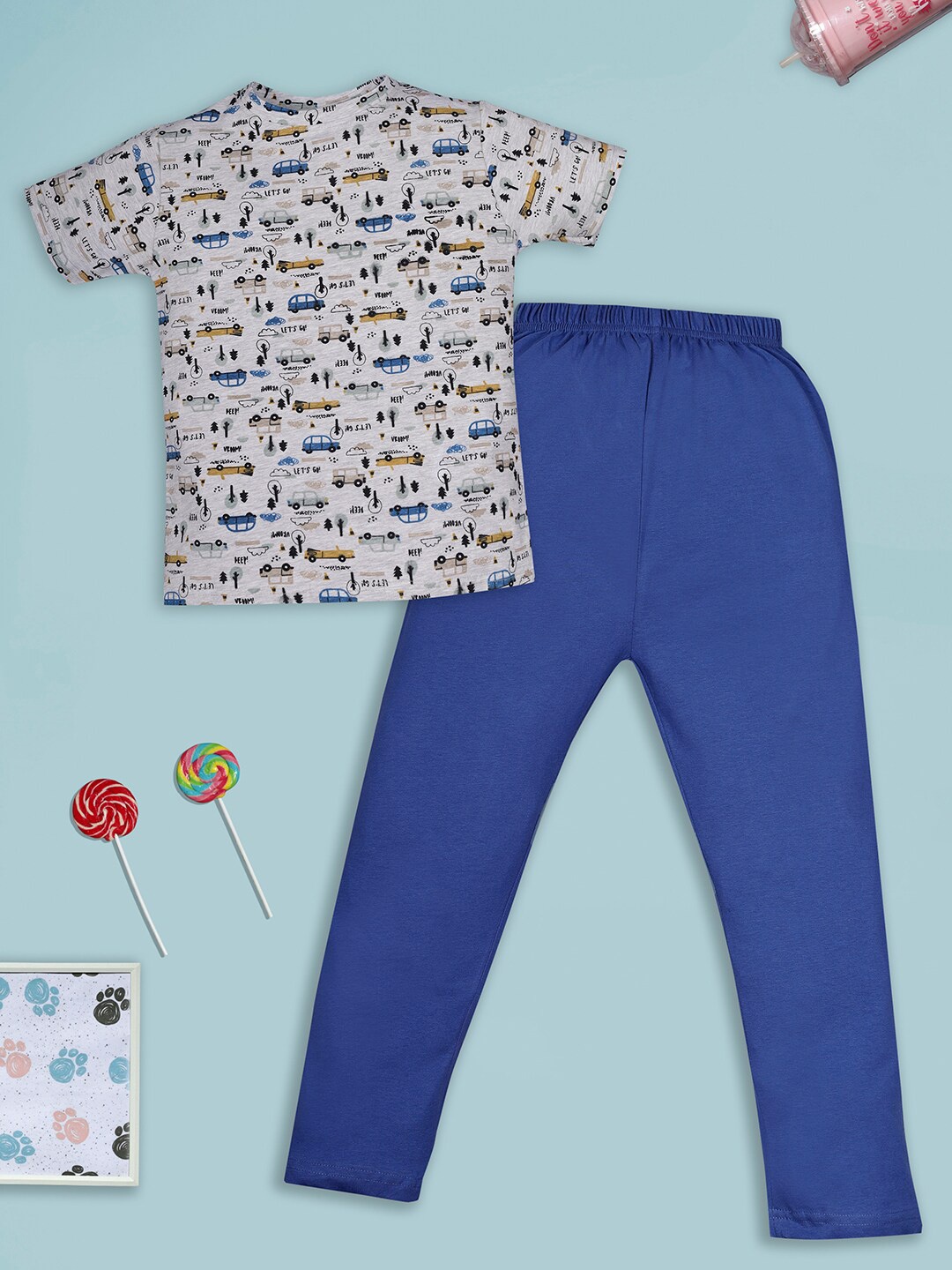

RAINE AND JAINE Boys Graphic Printed Pure Cotton T-shirt & Pyjama, Grey melange