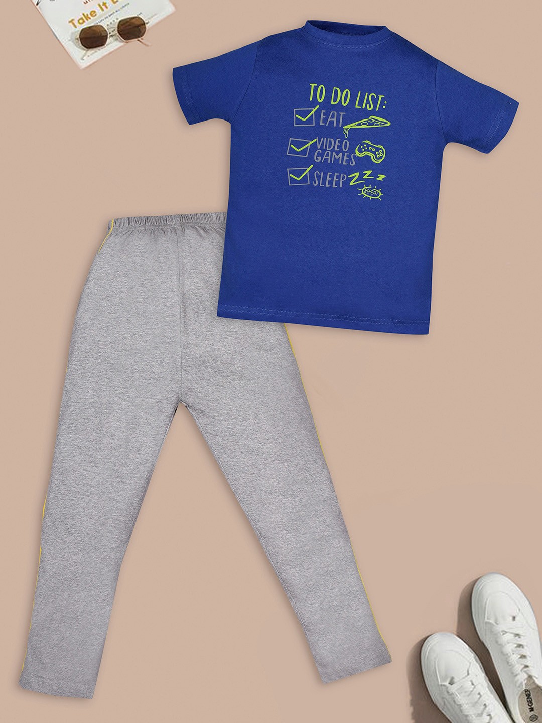 

RAINE AND JAINE Boys Typography Printed Pure Cotton T-shirt & Pyjama, Blue