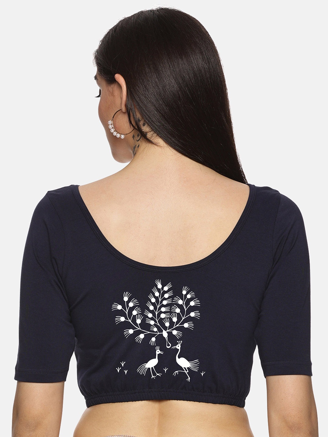 

NOT YET by us Printed Stretchable Saree Blouse, Navy blue
