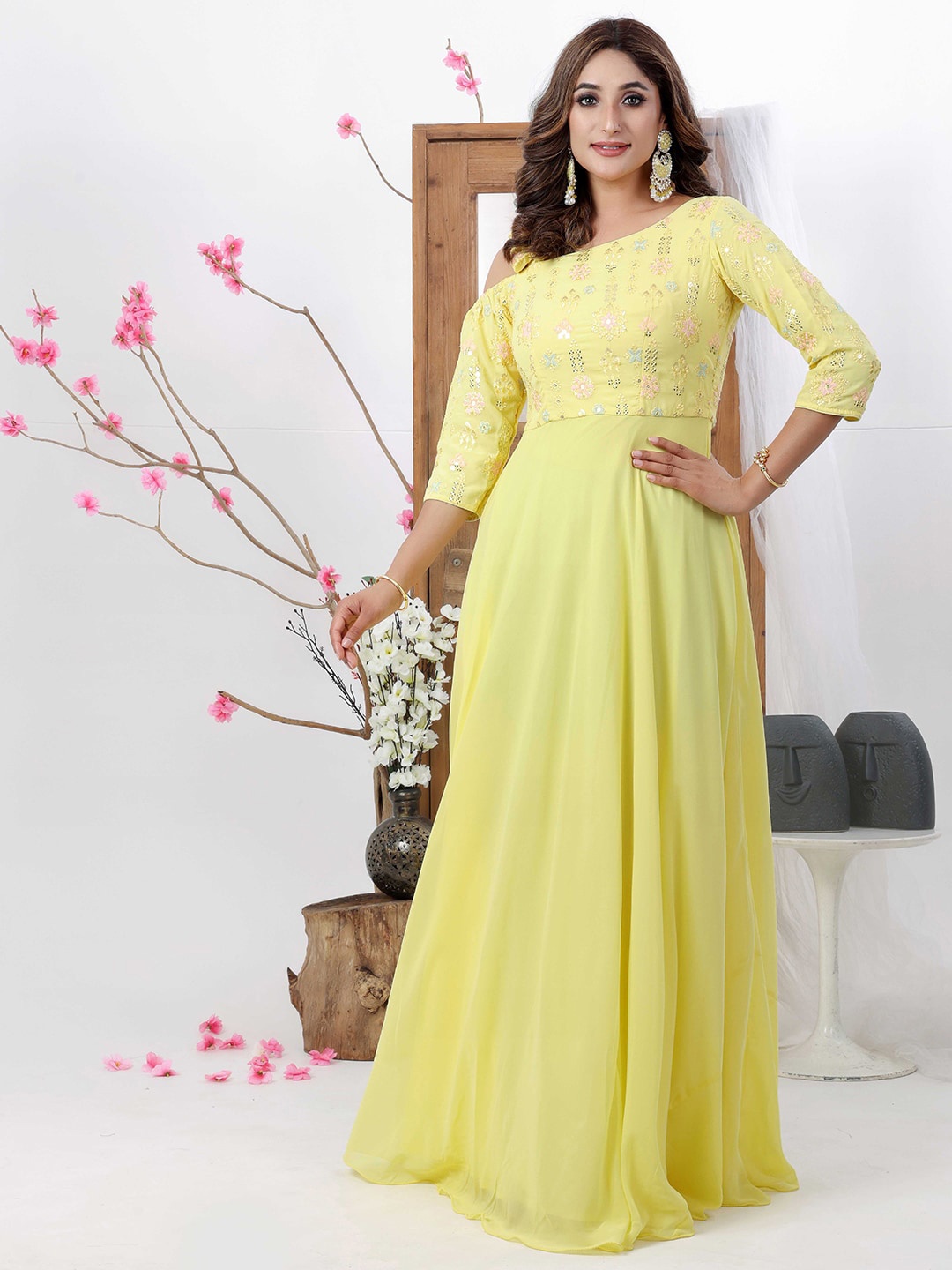 

Ethnovog Floral Crepe Three-Quarter Sleeves Round Neck Maxi Dress, Yellow