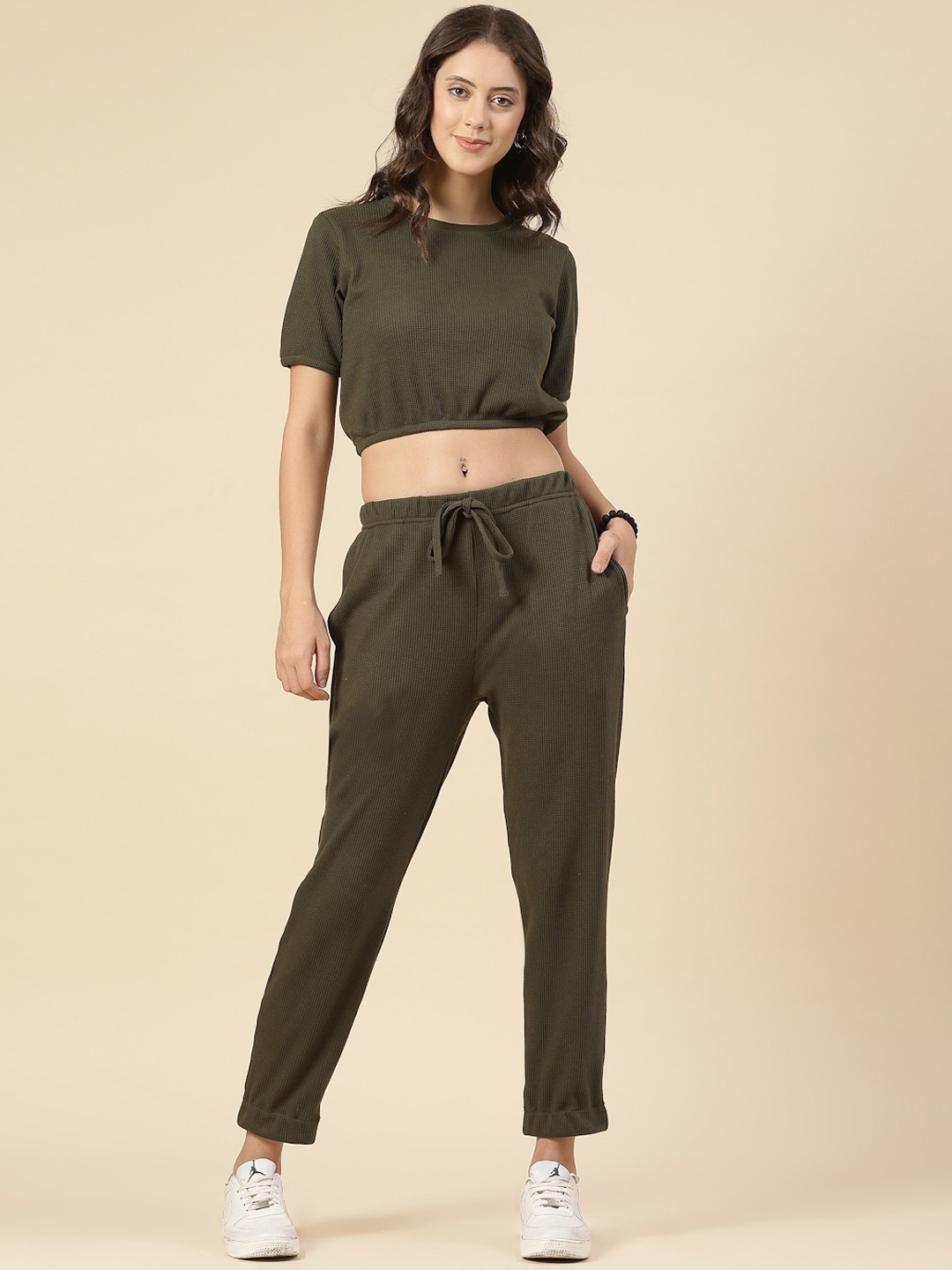 

Rigo Round Neck Short Sleeves Crop Top With Trousers Pure Cotton Co-Ords, Olive