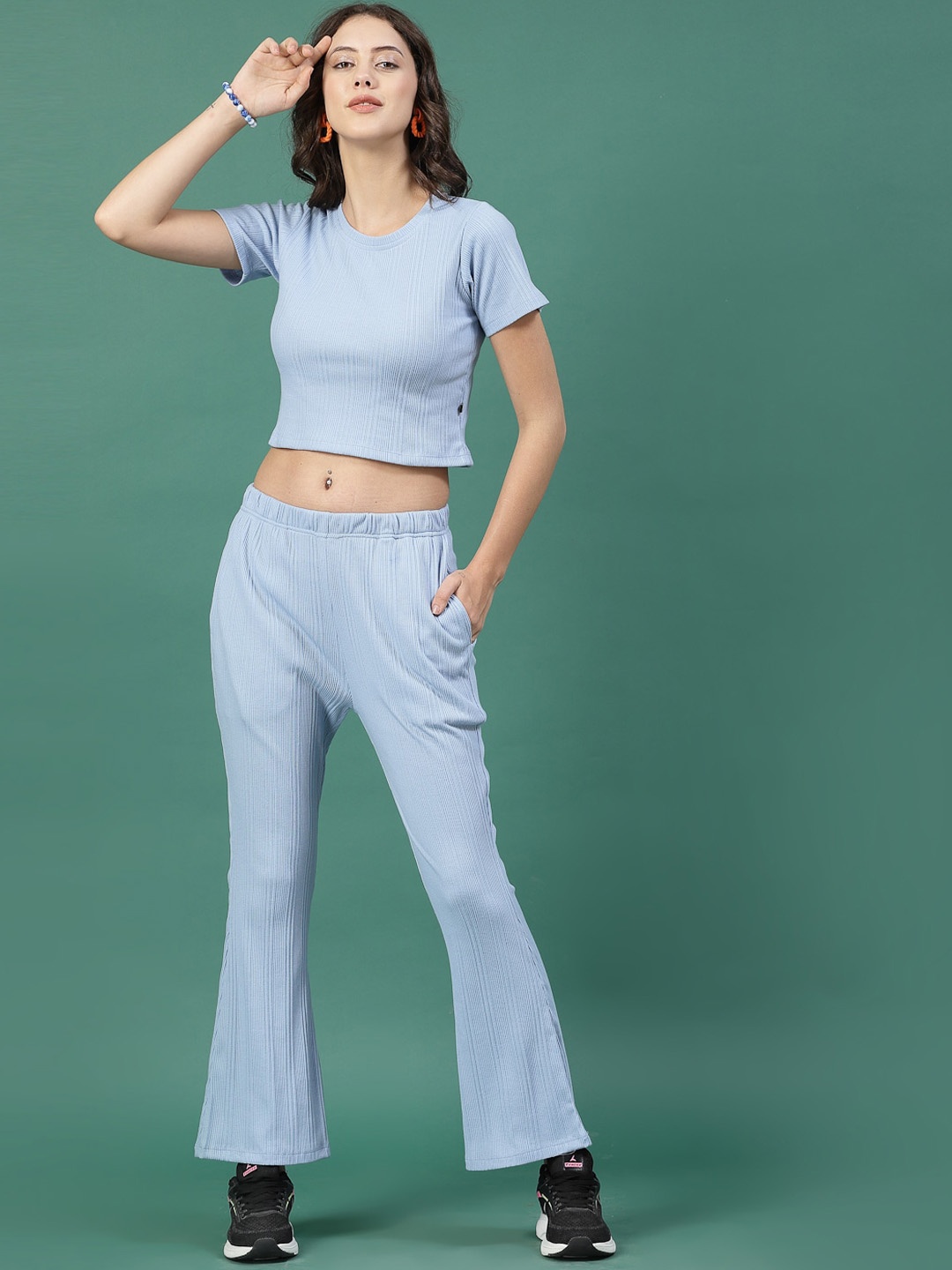 

Rigo Ribbed Round Neck short Sleeves Drop Needle Casual Crop Top With Trousers, Blue