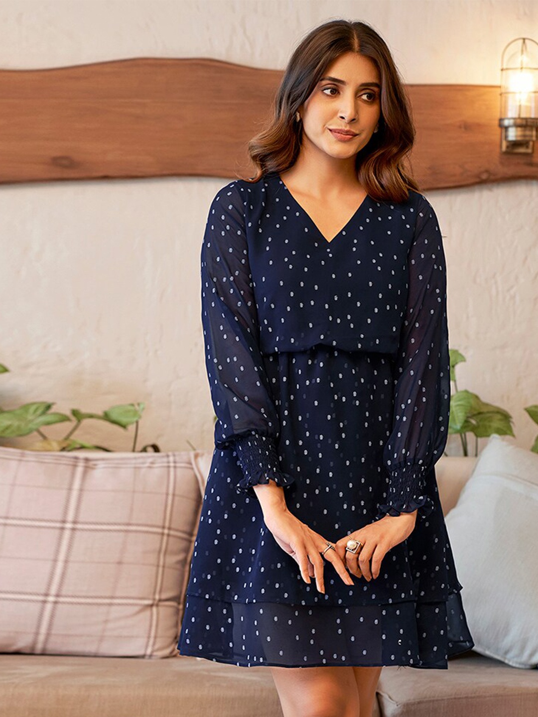 

Selvia V Neck Polka Dot Print Georgette A-Line Dress, Navy blue