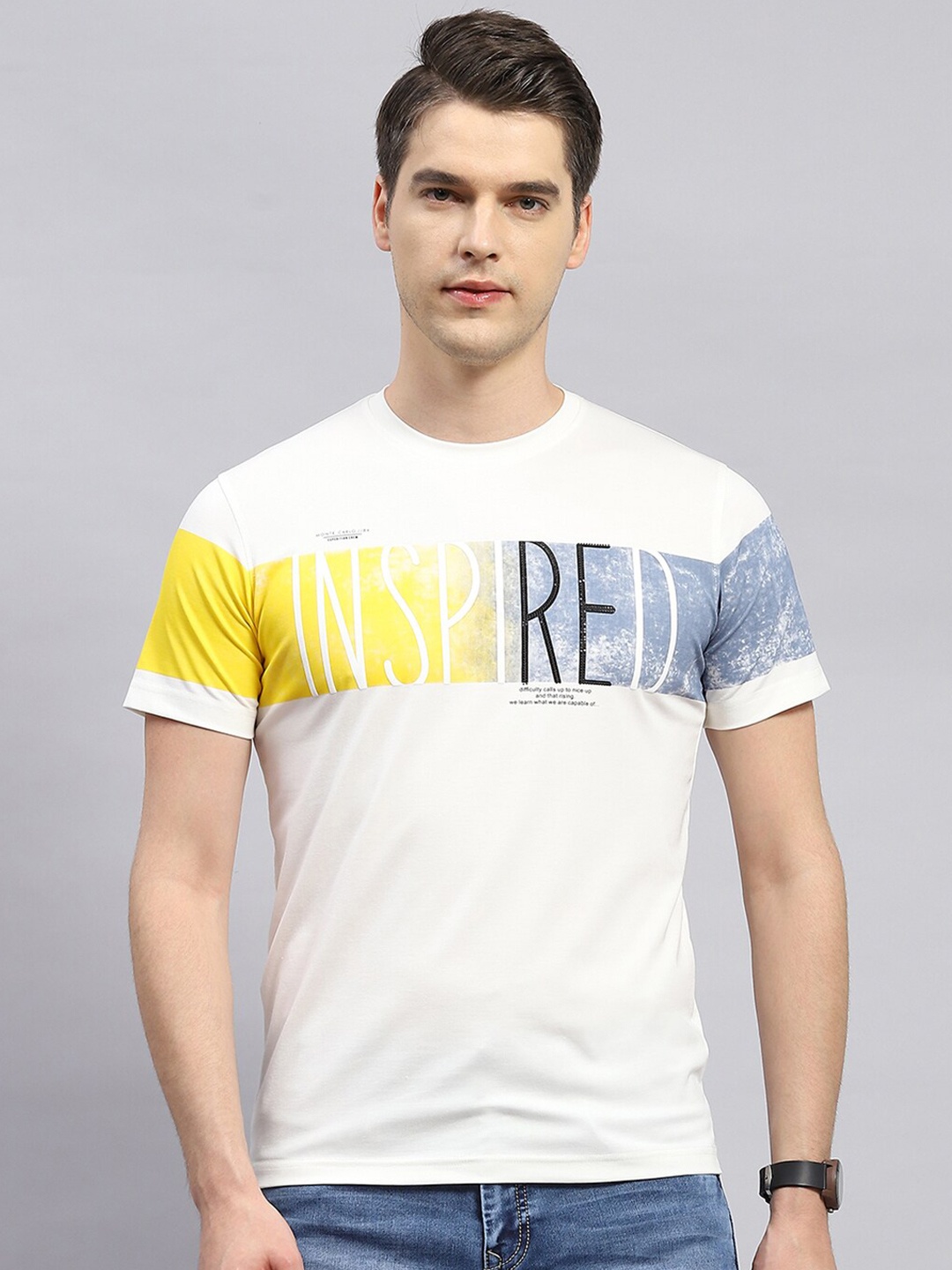 

Monte Carlo Round Neck Short Sleeves Printed Cotton T-shirt, Off white