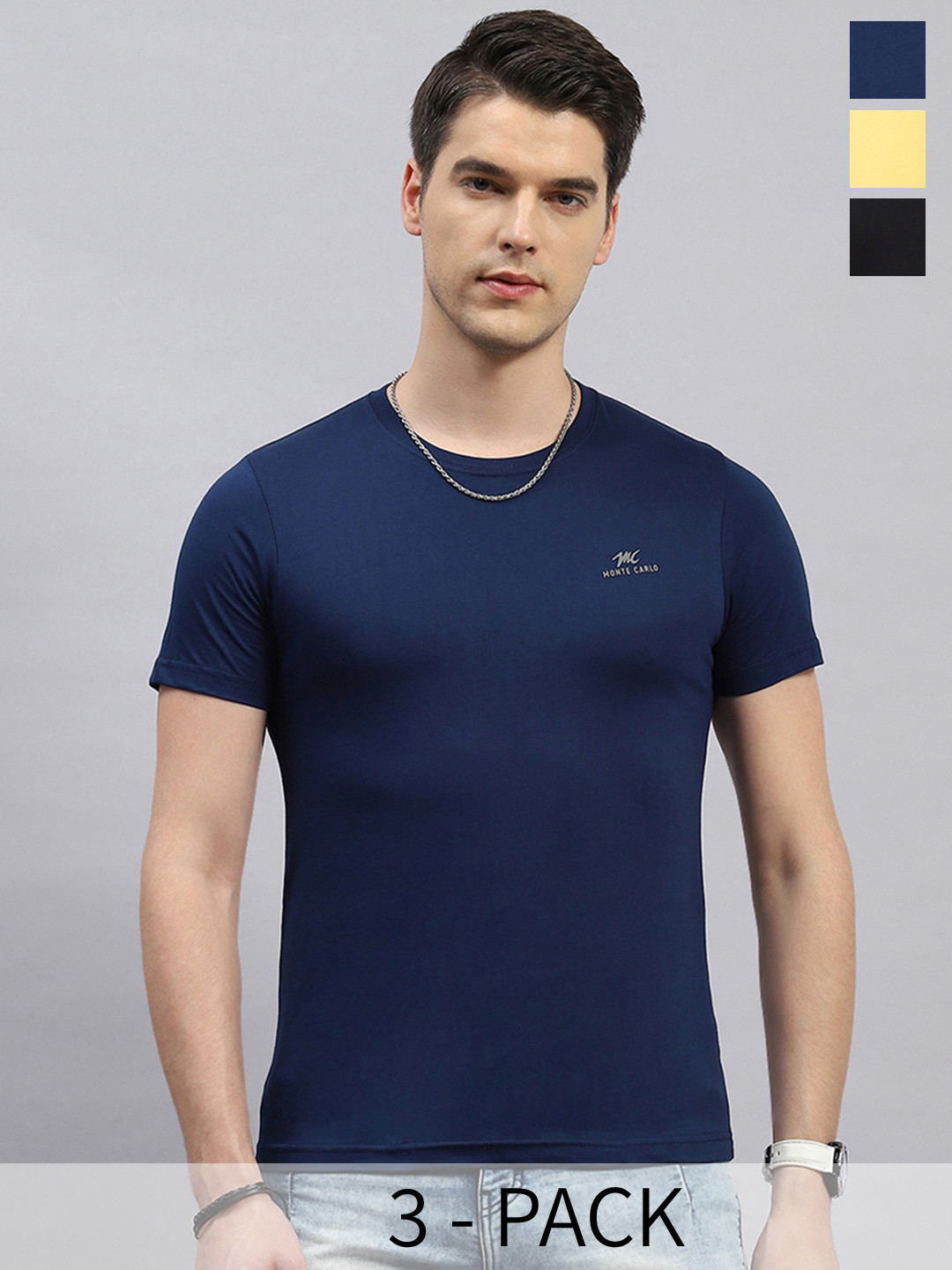 

Monte Carlo Pack of 3 Round Neck Cotton T-shirt, Navy blue