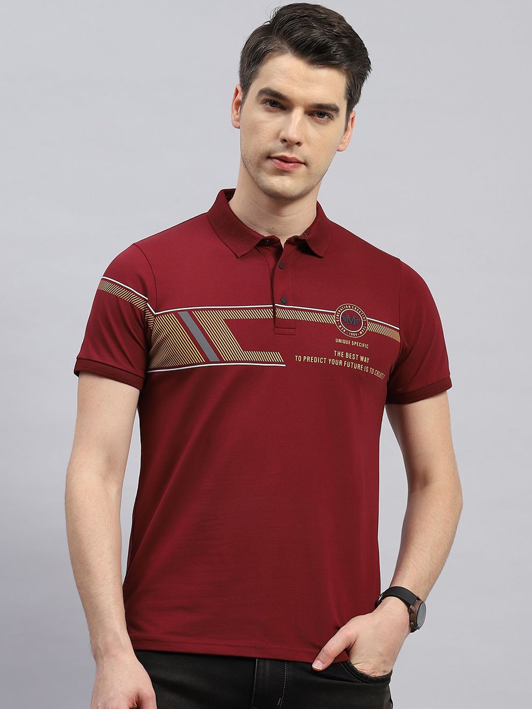 

Monte Carlo Typography Printed Polo Collar Cotton Casual T-shirt, Maroon